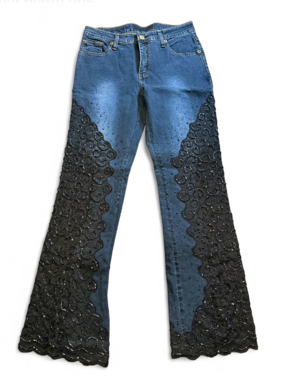 Dark Blue Flare Jeans with Black Lace Panels